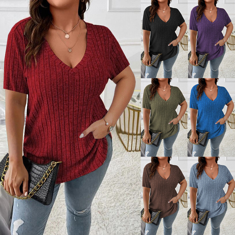 2024 Amazon Spring and Summer Explosions Cross-border Solid Color plus size Women's Elegant Jacket V-Neck Pit Short Sleeve Pullover T-Shirt