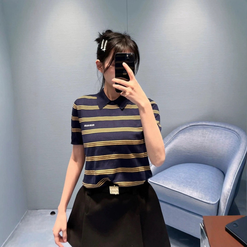 mm25春季新款学院风翻领条纹针织短袖|undefined