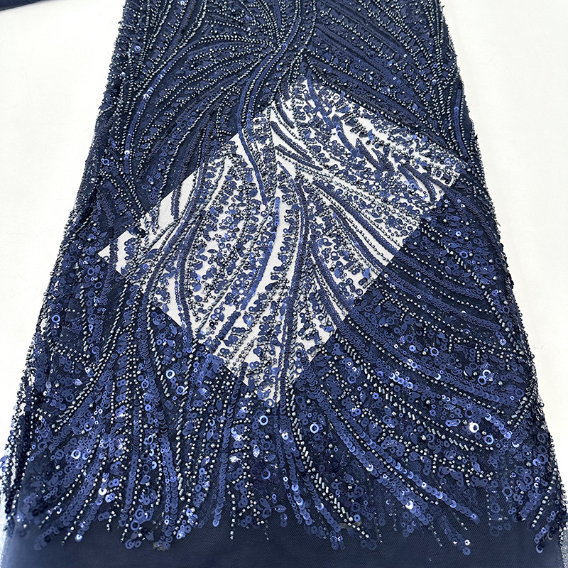 Tela de vestido de boda de alta gama, tubo de perlas bordado, bordado de sequilla, tela de moda de encaje de rendimiento
