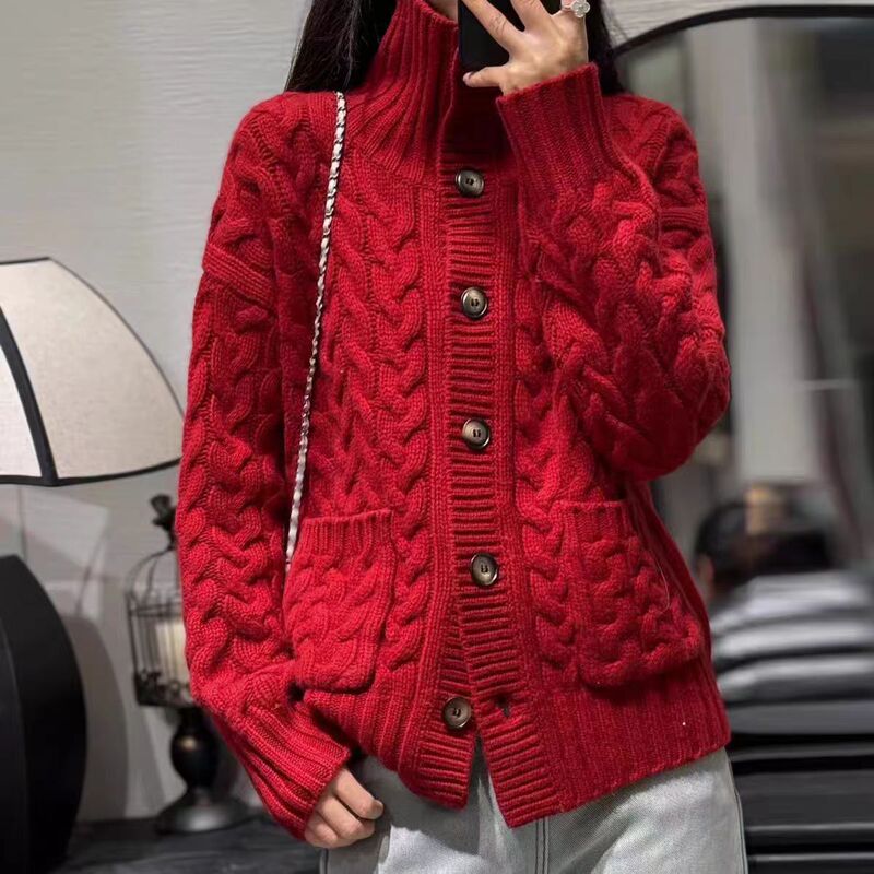 Autumn and Winter European Style Twist Full Wool Cardigan for Women, Loose Thick Cashmere Knit Plus-Size Sweater Jacket, Wholesale for Foreign Trade