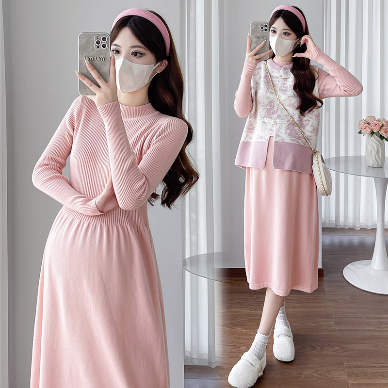 秋冬季哺乳衣外出辣妈款产后穿喂奶衣服新中式提花马甲+针织套装|undefined