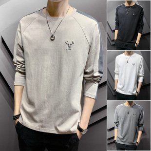 Spring and Autumn new long-sleeved T-shirt men's trendy round neck loose bottoming shirt simple fashion joint cotton casual men's clothing