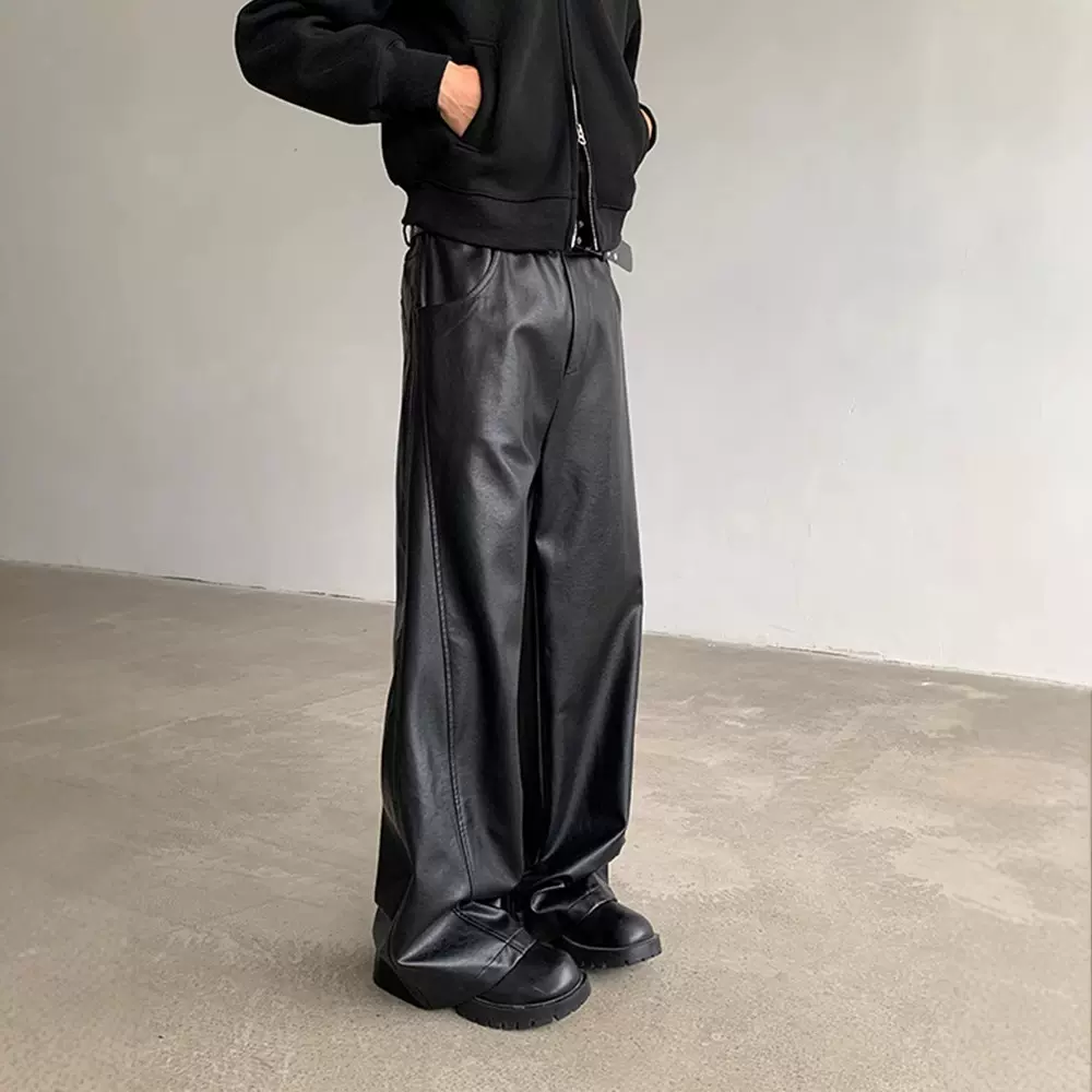 美式复古PU皮裤男款宽松高级感vibe裤子美拉德黑色拼接阔腿休闲裤