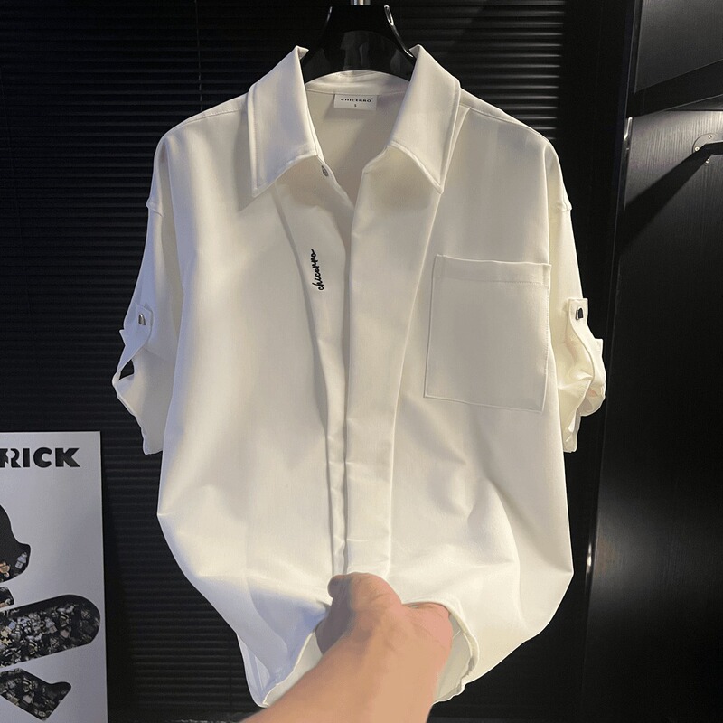 Men's Slim-Fitting Summer Shirts, High-End, Handsome, Casual White Shirts, Short-Sleeved Design, Trendy Korean Tops