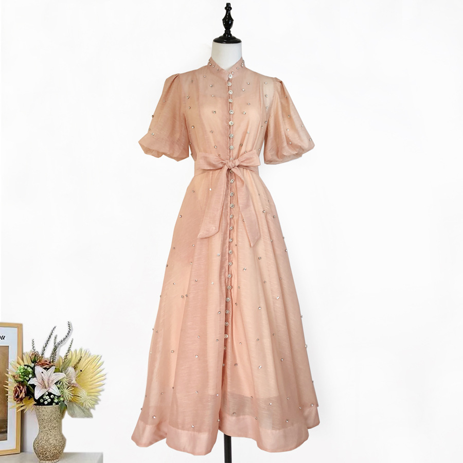 Đầm maxi nữ thắt eo cổ đứng tay lồng đèn đính đá phong cách Pháp — Màu trơn xanh lam, Màu trơn trắng, Hoa xanh da trời, Hoa hồng đậm chi tiết 3