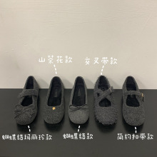 MUKEKe 内增高4CM加绒单鞋棉鞋女秋冬蝴蝶结灰色玛丽珍毛毛鞋软底