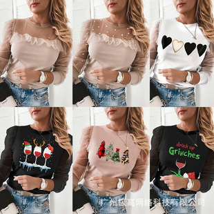 European and American Women's Cross-border Foreign Trade wish Explosive Pink Mesh Stitching Top T-shirt for Women