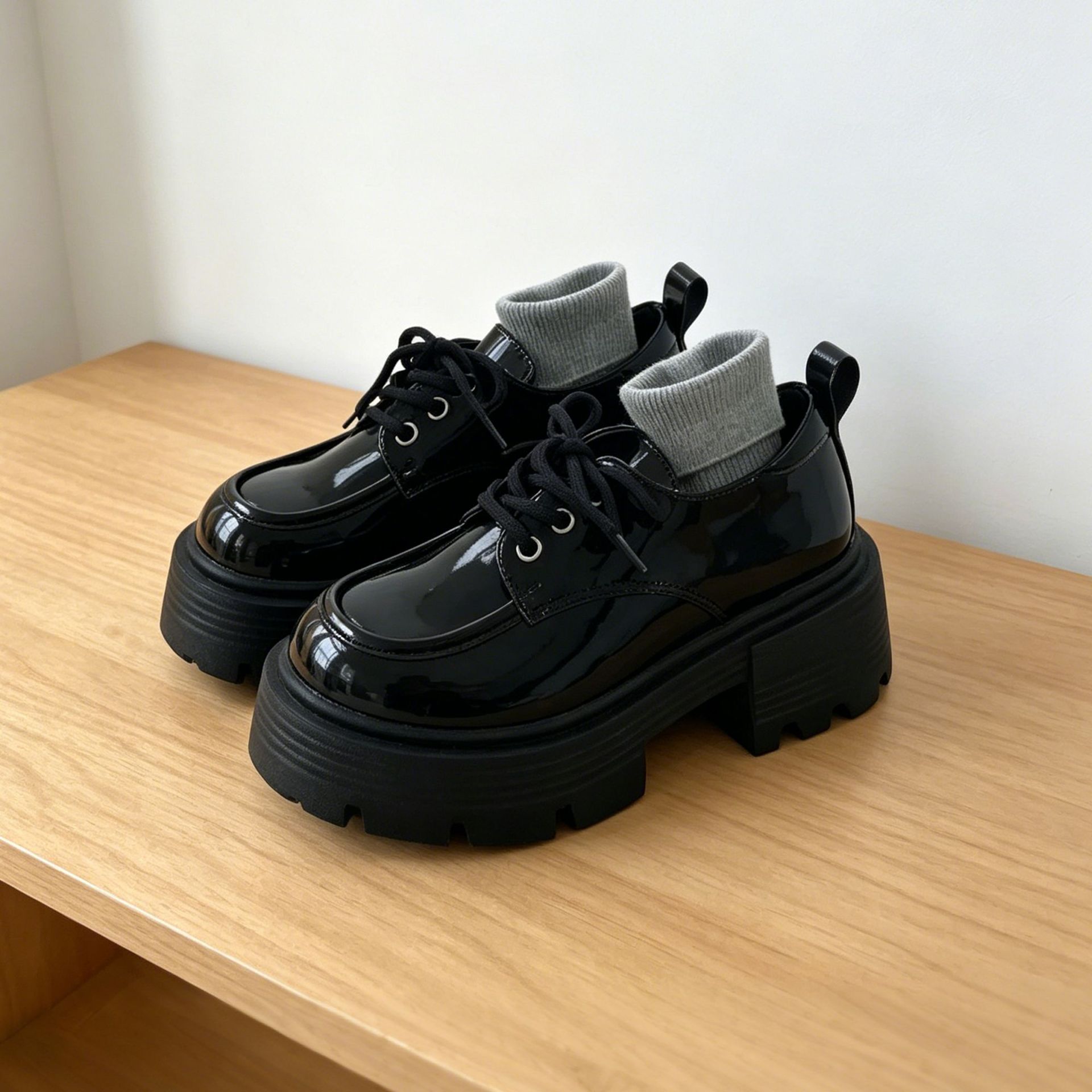 黑色厚底系带小皮鞋女2025年秋季增高英伦风日系单鞋子女甜酷风