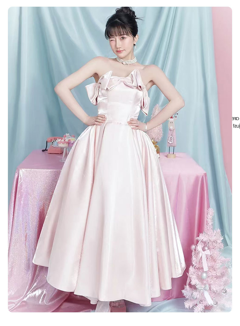 Đầm dạ hội maxi satin thắt eo kiểu Pháp — Màu hồng chi tiết 8