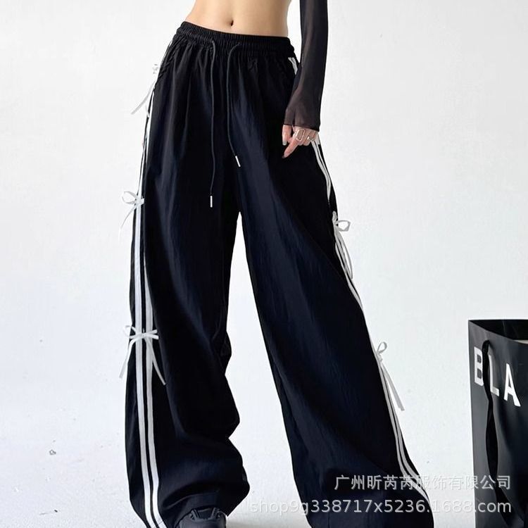 American-Style Two-Stripe Side Stripe Bow Drawstring Cargo Wide-Leg Pants for Women, High-Waisted Casual Sports Pants, Ins-Style Slimming
