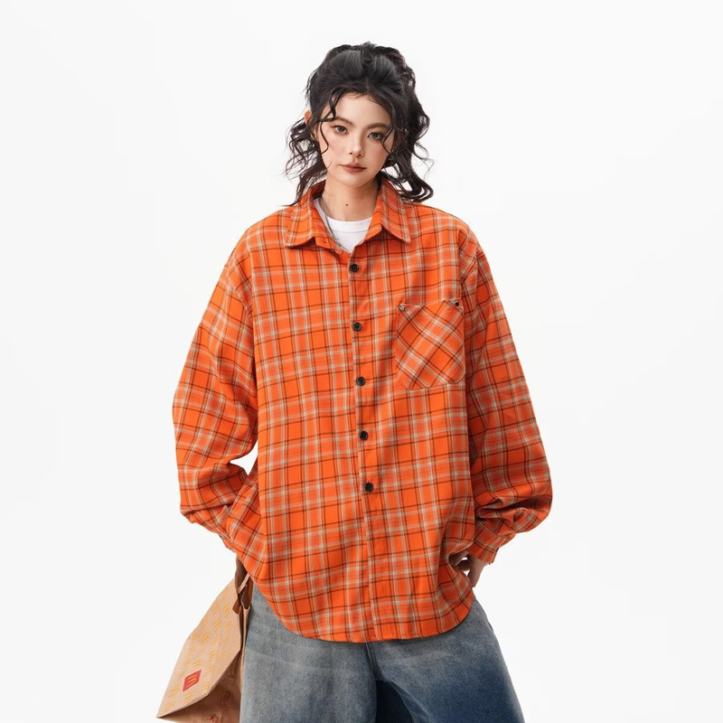 New American Retro Loose Shirt Women's Orange Plaid Spring and Autumn Long-Sleeved Shirt Men's Design Couple Jacket