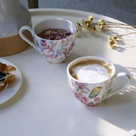 景德镇骨瓷美式田园风花瓣陶瓷马克杯 花鸟花草茶杯早餐杯牛奶