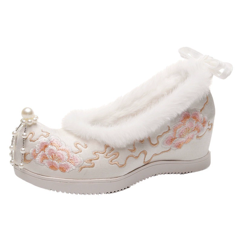 [Yunbailian плюс хлопок] Женская обувь ханьфу, новинка 2023 года, зимняя обувь в старинном стиле, подходящая к старинному костюму, обувь с вышивкой, женские туфли с бантом