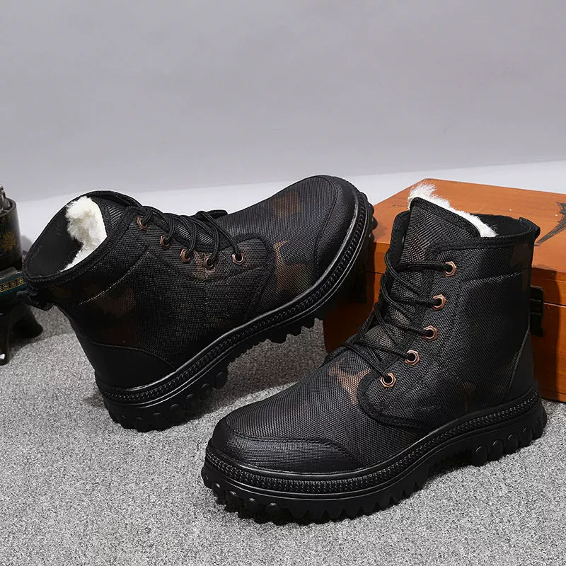 High‑top snow boots, thick fur lining, waterproof anti‑slip, durable work style, sizes 38–45