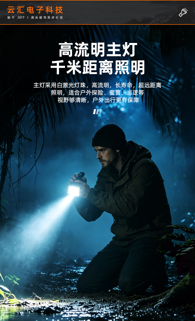 Cross-border white laser flashlight with adjustable zoom, dual light source, outdoor camping adventure emergency flashlight, dustproof flashlight