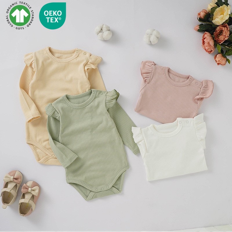 INS-style ruffled romper, organic cotton romper, knitted romper, organic cotton ribbed fabric baby bodysuit