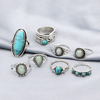 Retro ethnic turquoise fashionable set, ring, European style, ethnic style, 8 pieces