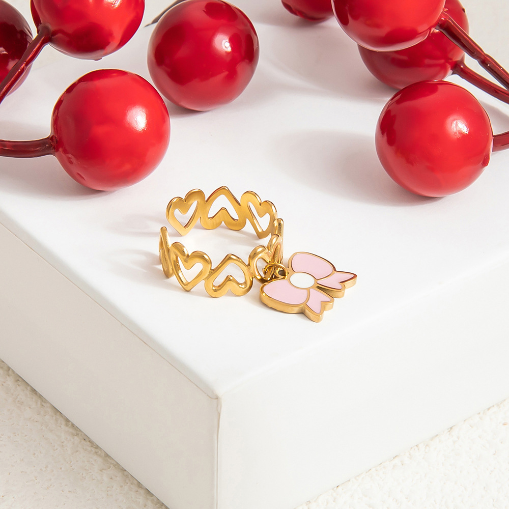 6g Weight Open Rings Classification Adjustable Ring Size 1 Piece Quantity Casual, Daily Occasion 304 Stainless Steel Material Fruit, Heart Shape Pattern Women's Gender Enamel, Plating Design Sweet, Simple Style Style Gold Color Sweet Simple Style Fruit Heart Shape 304 Stainless Steel Enamel Plating Women's Open Rings 6