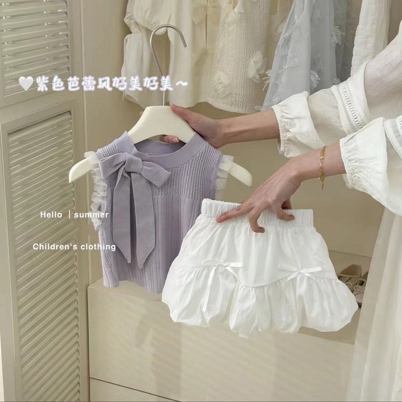 スイートベイビー2025新作おしゃれ子供用リボン付きニットベストトップスと花柄スカートのツーピースセット