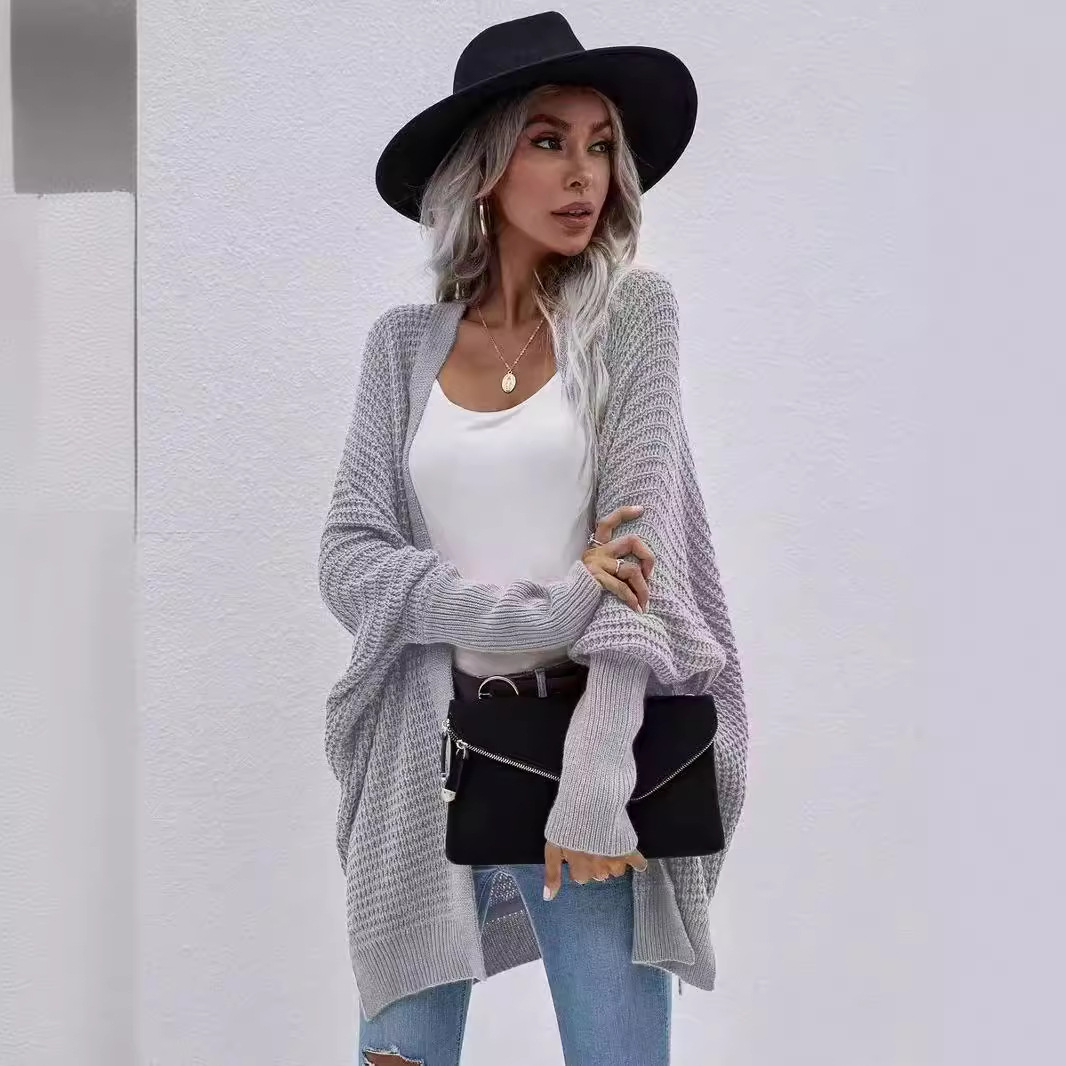 亚马逊独立站针织开衫女2025秋冬新款宽松纯色蝙蝠袖毛衣外套女潮