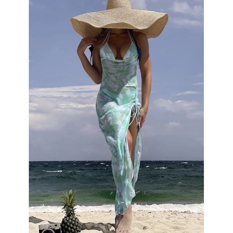 Mingyi nuevo bikini europeo y americano de tres piezas sexy multicolor impreso cuello bikini Falda larga dividida traje de baño de las mujeres