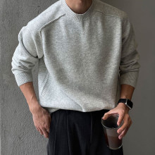 灰色圆领打底针织衫男春秋新款韩版高档混拼接线轻熟内搭休闲毛衣