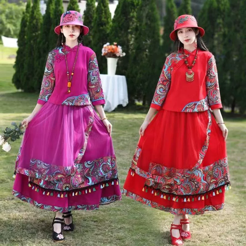 Юньнань этнический стиль костюм юбка из двух частей костюм весна и осень новая Этническая Одежда Хлопок Лен костюм юбка в стиле ретро