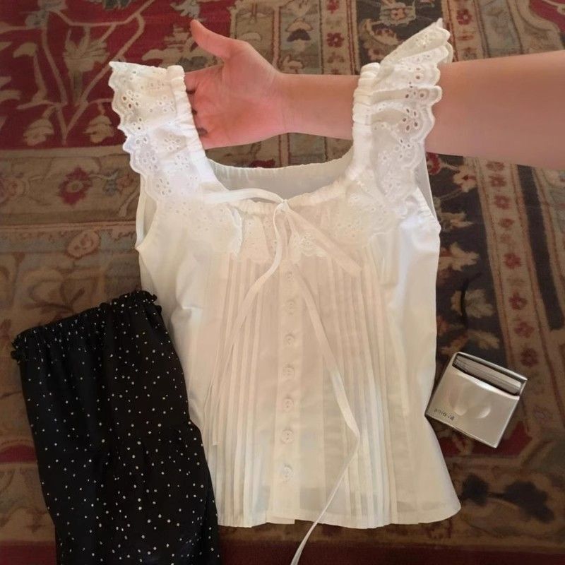 White Camisole French Design Shirt Summer Lace Trim Sleeveless Slim Fit Short Top Blouse Vest New Style