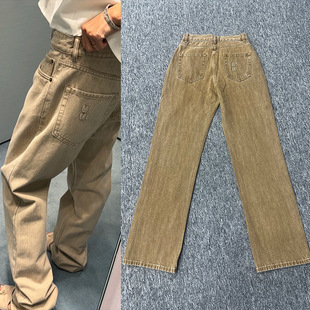 Miu Khaki Straight Jeans Women's Pure Color Versatile Slim Loose High Waist Pants 2025 Early Autumn New Style