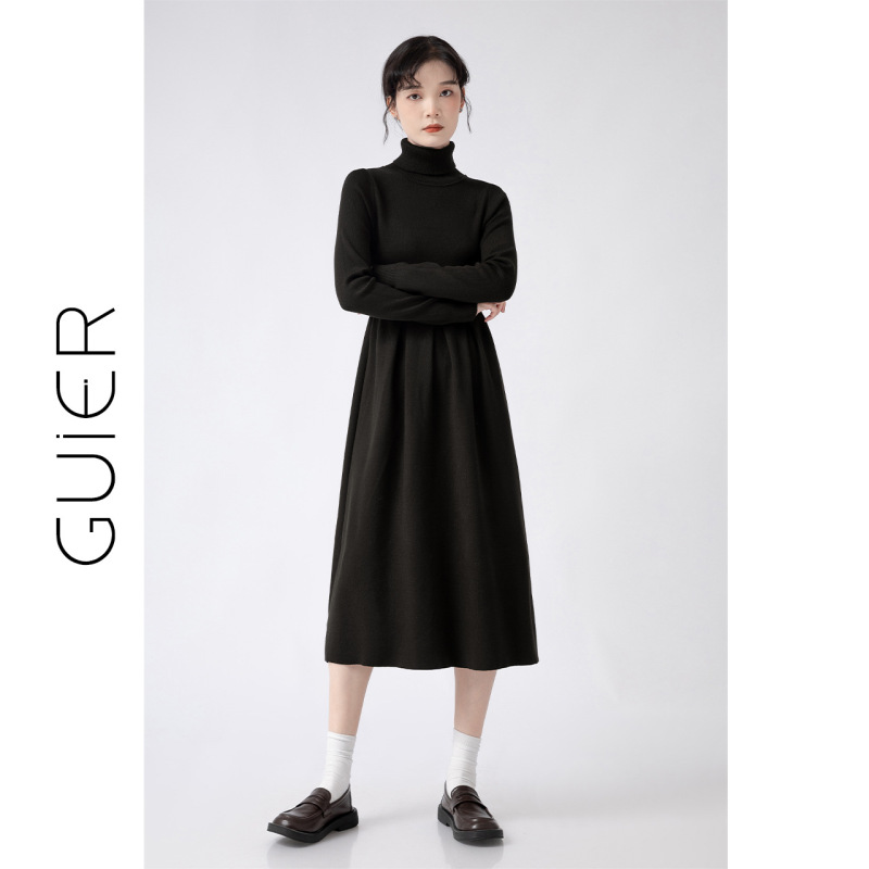 桂儿「包芯纱」黑色经典！复古高领针织连衣裙女春法式气质长裙子|undefined