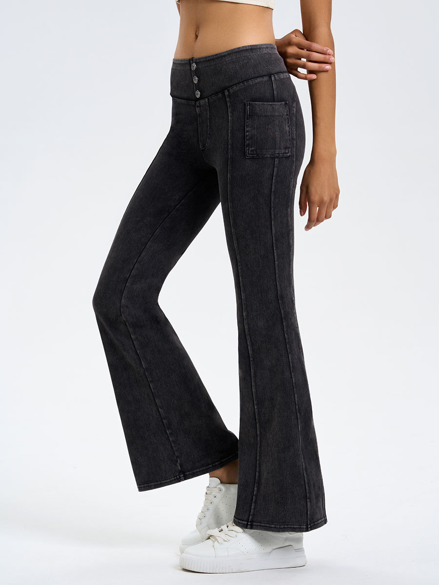 Nuevos pantalones acampanados de yoga de mezclilla de cintura alta para mujer, pantalones deportivos informales para fitness con control de abdomen de alta elasticidad y bolsillo para levantar la cadera.