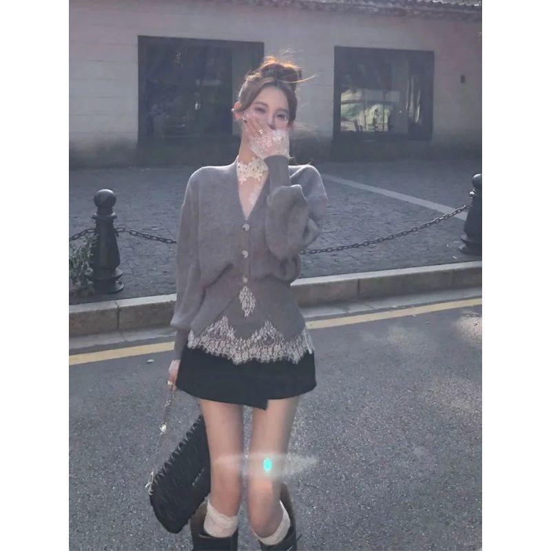 (2개) 가을 겨울 데이트 원피스 니트 카디건 탑 스티칭 레이스베이스 셔츠 디자인 센스 스커트 슈퍼 페어리