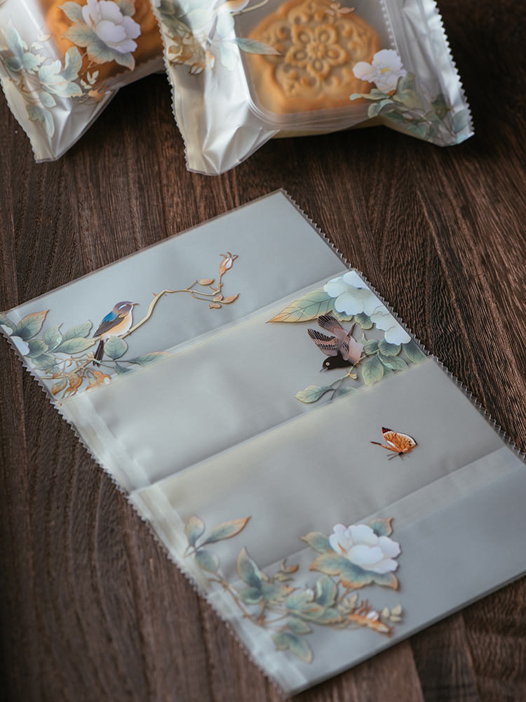 Engrosado 2024 estilo nacional de flores y pájaros nuevo paquete de pastel de luna 50g 75g de cáscara de huevo helado bolsa de sello