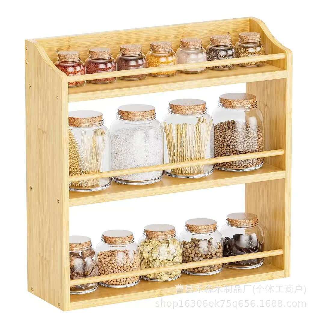 Cross-Border Bamboo Multi-Layer Kitchen Spice Storage Rack Desktop Spice Rack Spice Bottle Jar Wooden Storage Rack Three Layers