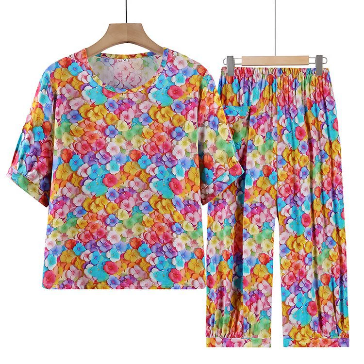 Мама одеваются 2024 Летний тонкий искусственный хлопок с короткими рукавами костюм среднего и пожилого женского возраста с короткими рукавами хлопковый шелковый набор из двух частей