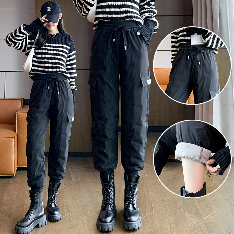 Women's down-filled pants, fleece-lined and thickened, winter trousers, cotton-padded cargo pants, Martin pants, high-waisted, warm and cozy.
