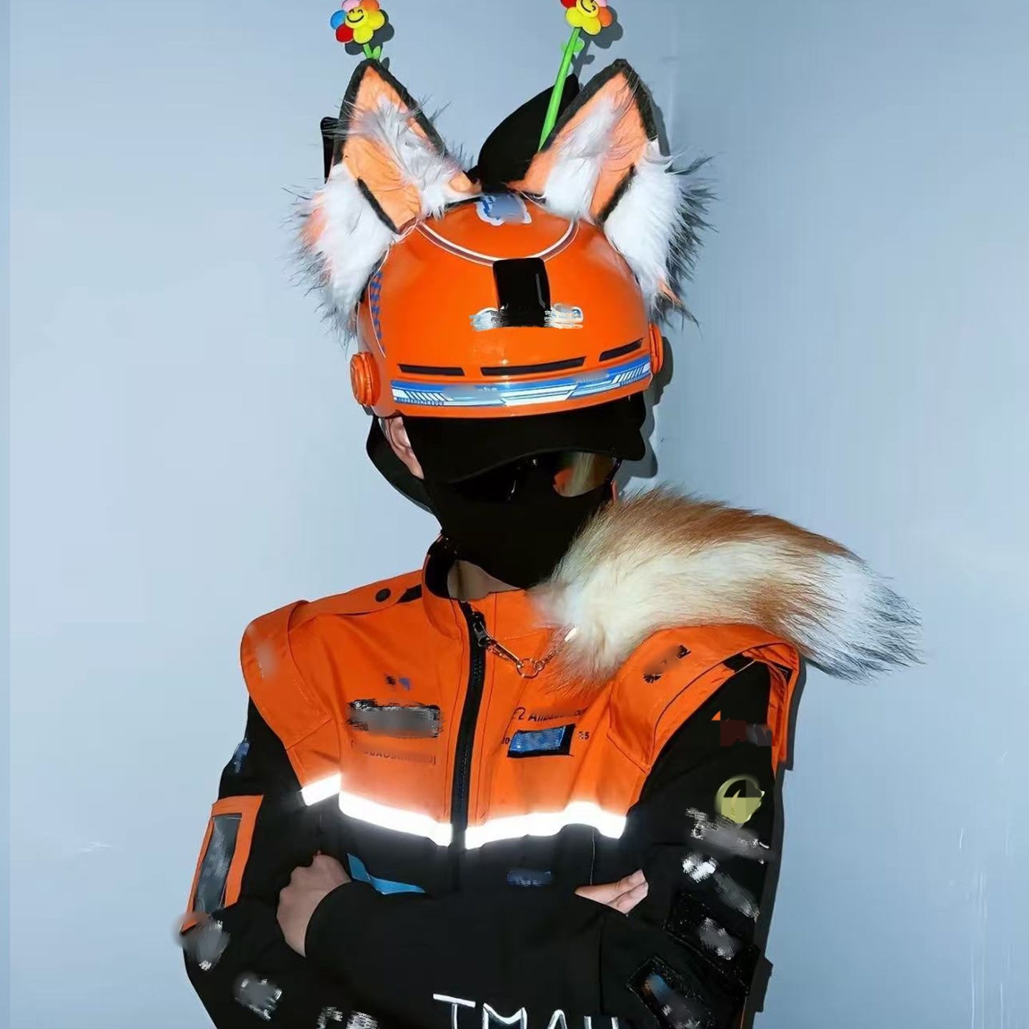 Cute Versatile High-Value Red-Orange White Wolf Ear Helmet Decoration