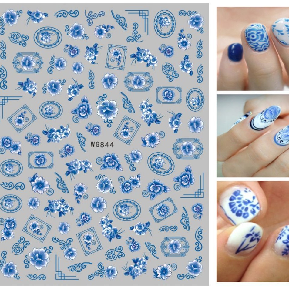 (Cross-border trading), blue and white nail stickers, fake nails ancient style for nails, new collection