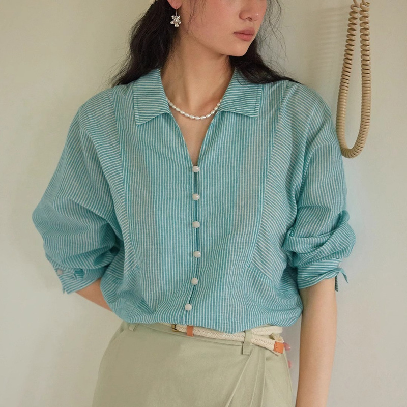 Soligther French-Style Striped Thin Sun-Protective Shirt for Women, Slimming Loose Pure Cotton Top