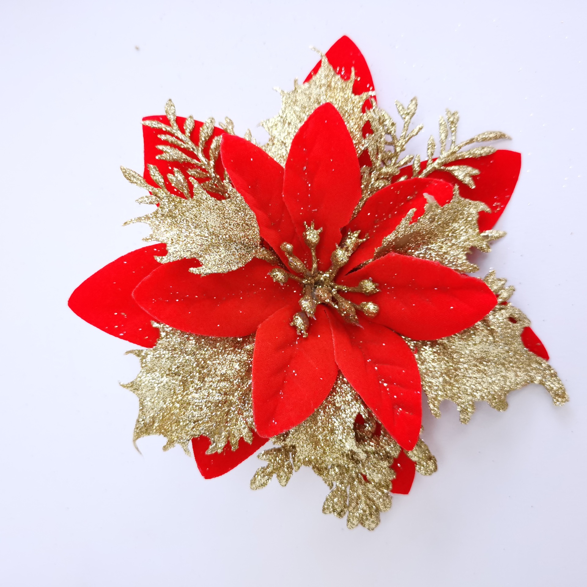 Cross-Border 14cm Christmas Flower with Clip Christmas Decoration Christmas Tree Accessories Gold Powder Plastic Flower Garland Accessories Pendant