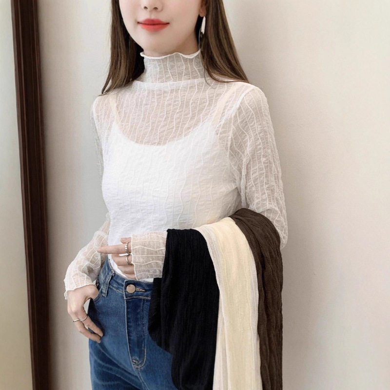2026 Early Spring New Style High-Neck Lace Base Shirt for Women, Stylish Inner Top, White Hollow-Out Season Transparent Mesh Shirt