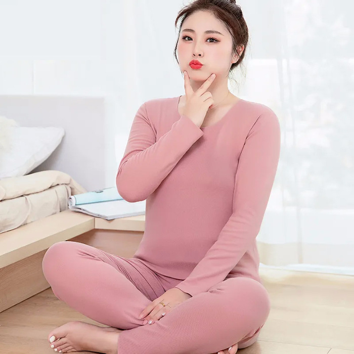2025 invierno sin marcas de terciopelo calentamiento ropa interior pijamas para mujeres para aumentar el peso calentamiento base de cuello redondo conjunto de ropa para el hogar