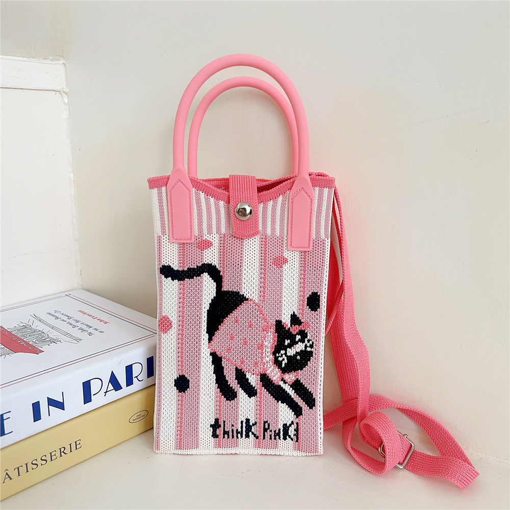 108g Weight Polyester Lining Material Buckle Closure Type Top Handle Strap Type Handbag Bags Type Casual, Daily Occasion Knit Material Cat Pattern All Seasons Season Women's Gender Vintage Style, Classic Style Style Bucket Shape Small Size Women's Small Knit Cat Vintage Style Classic Style Bucket Buckle Handbag 37