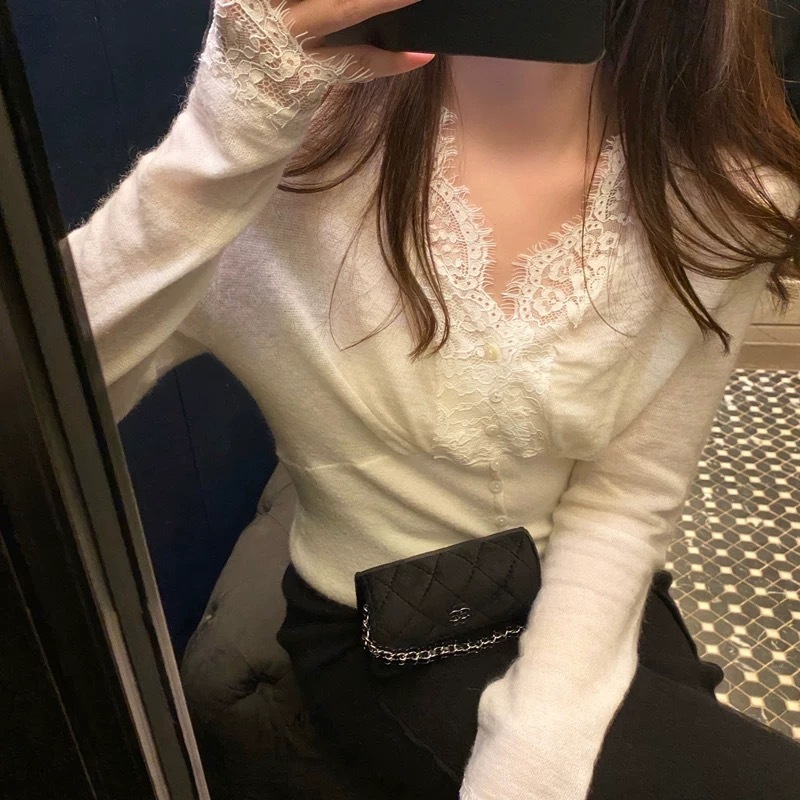 哥家商场同款女装2025秋季秋毛衣打底衫美轮美奂蕾丝羊驼针织|undefined