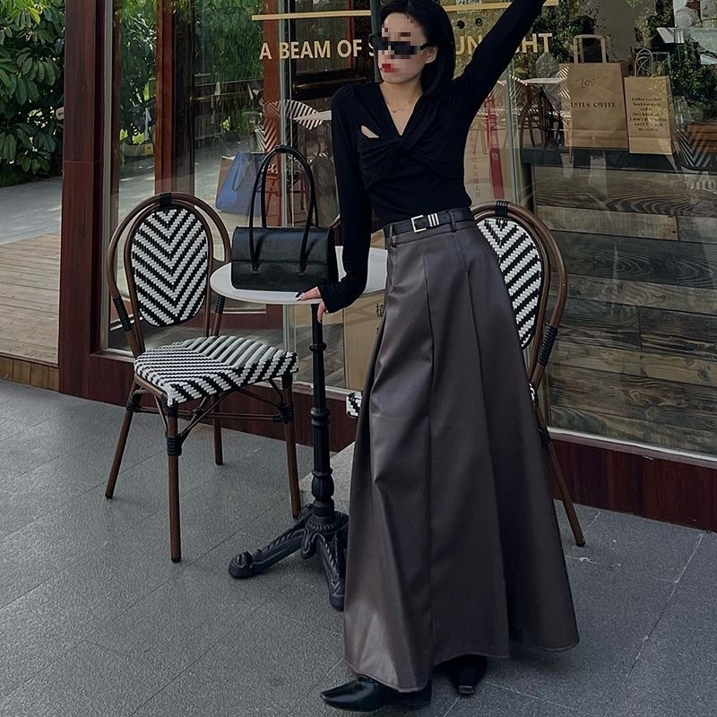 Super Stylish Pu Leather Skirt Long Skirt for Tall Women with Large Hem Autumn and Winter New Belt High Waist Slimming Look A-Line Skirt