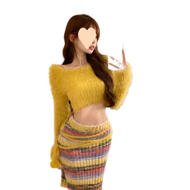 (2개) 순수한 욕망 노란 스웨터 외부 착용 슬림 핏 짧은베이스 탑 뜨거운 소녀 높은 허리 내복 여성의 가을과 겨울 스웨터