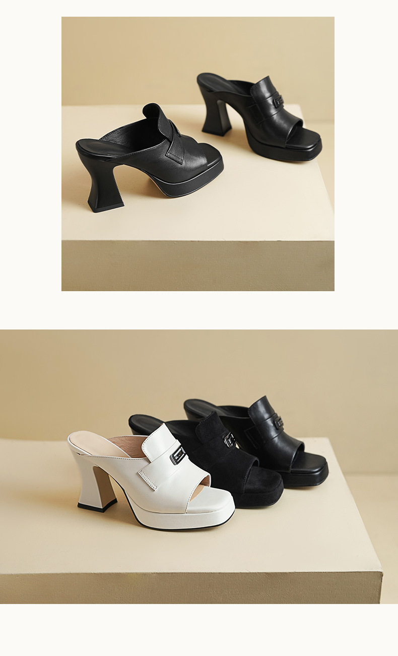 Sandal cao gót nữ hở mũi quai ngang đế dày gót 9 cm — Da bò trắng gạo chi tiết 6