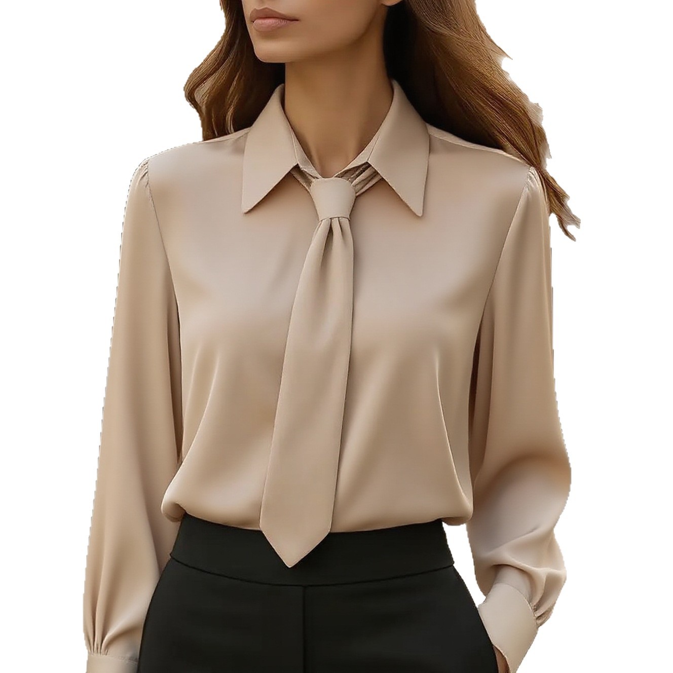 Blusa feminina casual de manga comprida com amarração, em cor sólida, para o outono de 2026, com inspiração europeia e americana._voghion.com