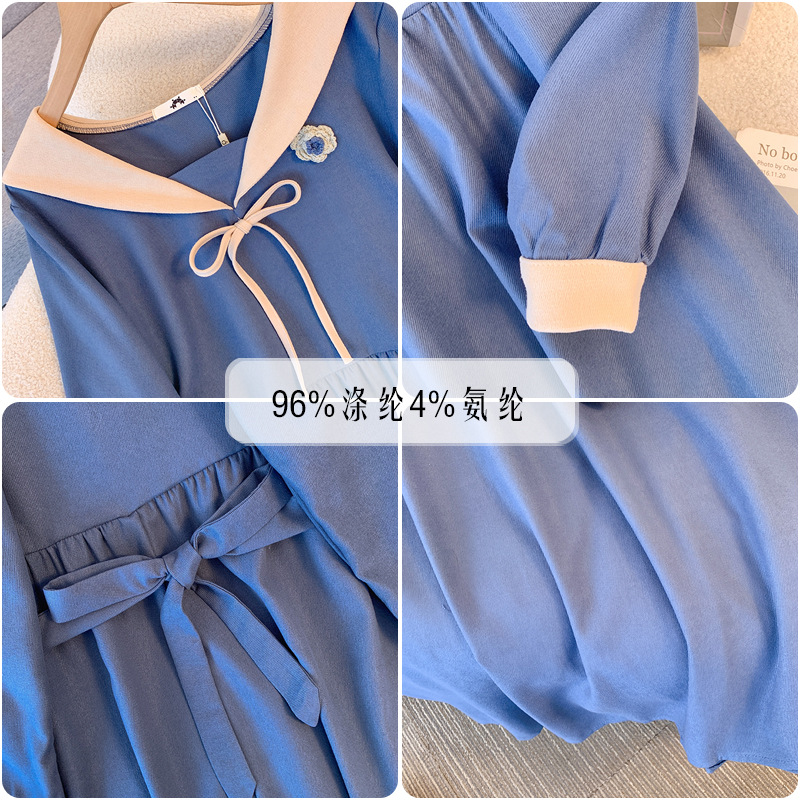 60-160kg Plus Size Navy Collar Dress 2026 Spring and Autumn Style for Slightly Chubby Girls Ladies College Style Long Sleeve Dress