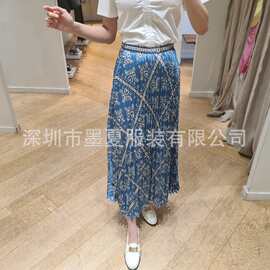 2025春夏季欧美垂顺复古浪漫蓝色印花褶皱百褶长裙半身长裙子女